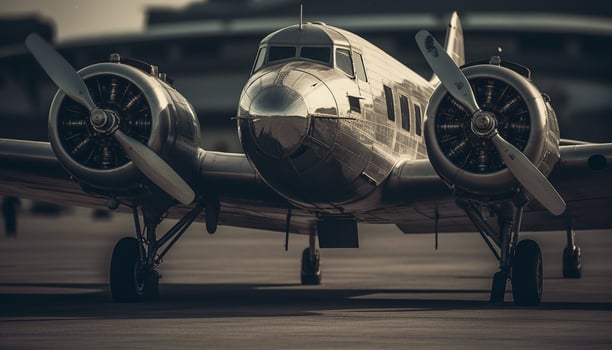 Flying military fighter plane, propeller engine, black and white history generated by AI photo
