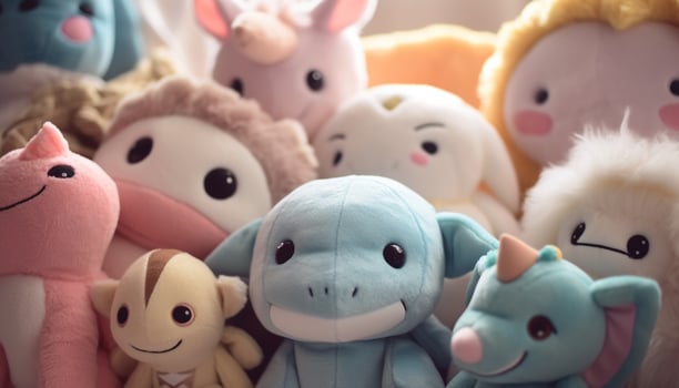 Cute animal toys in a row, colorful and cheerful decoration generated by AI photo