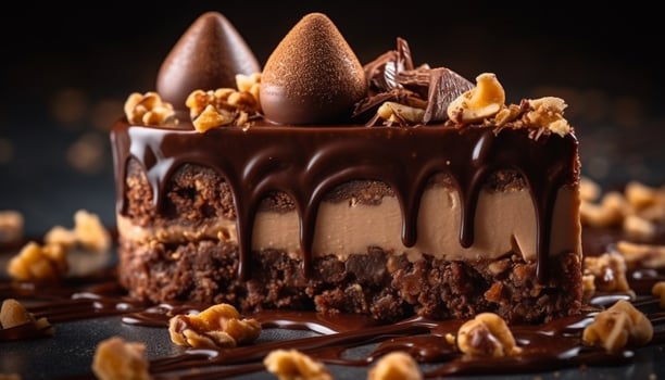 Indulgent homemade dark chocolate hazelnut brownie with almond and pecan generated by AI photo