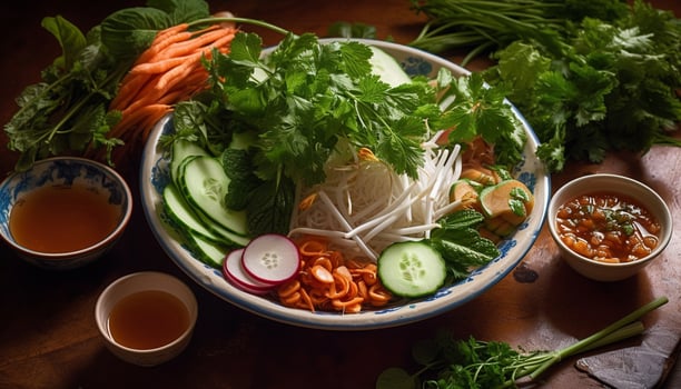 Fresh gourmet salad with organic vegetables on rustic wooden table generated by AI photo