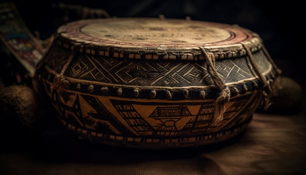 Antique wooden percussion instrument, ornate pattern, indigenous culture souvenir generated by AI photo
