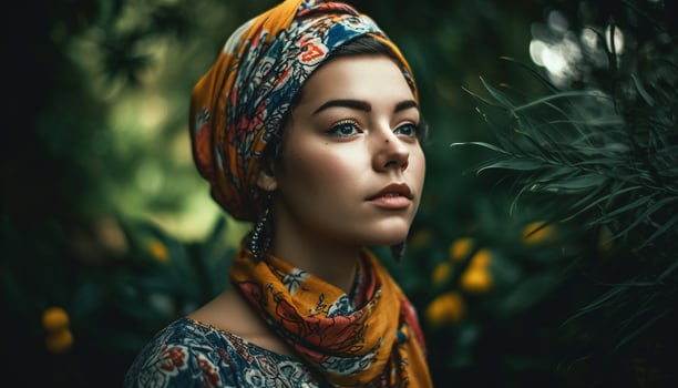 Beautiful woman in nature exudes confidence and elegance, smiling brightly generated by AI photo