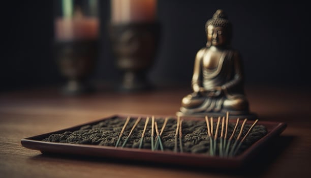 Buddhist statue meditates in harmony with burning candle flame generated by AI photo