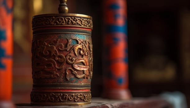 Antique copper prayer wheel, symbol of Tibetan Buddhism spirituality generated by AI photo