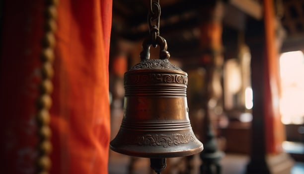 Hanging wind chime rings in old indigenous culture architecture generated by AI photo