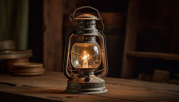 Rustic lantern illuminates old fashioned camping table with glowing flame generated by AI photo
