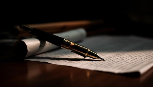 Antique handwriting on old paper with gold quill pen generated by AI photo