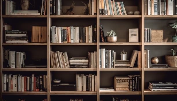 Antique book collection on old fashioned wooden bookshelf for studying wisdom generated by AI photo