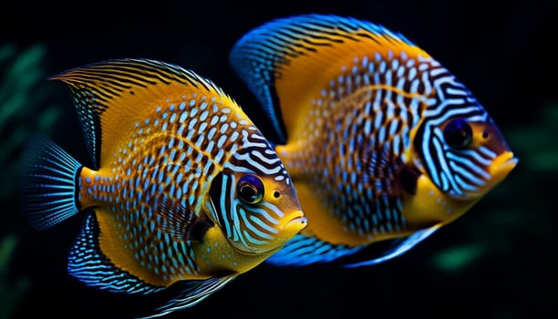 Vibrant striped clown fish swim in colorful reef background underwater generated by AI photo