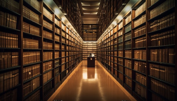 Aisle of textbooks in a modern library, illuminated for studying generated by AI photo