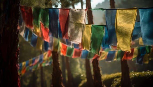 Praying under colorful prayer flags in a vibrant mountain landscape generated by AI photo