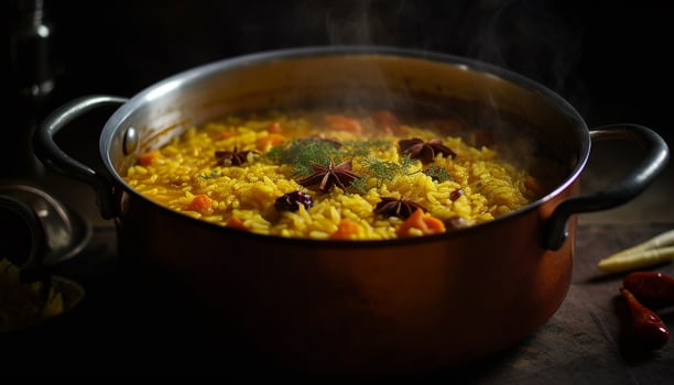 Homemade paella with fresh seafood, saffron, and yellow rice generated by AI photo