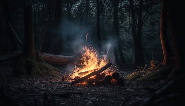 Burning campfire illuminates dark forest, men gather around glowing inferno photo
