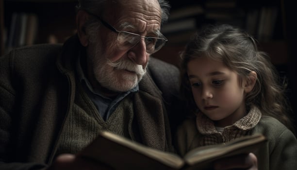 Grandfather and Granddaughter Bonding, Reading and Learning Together Indoors photo