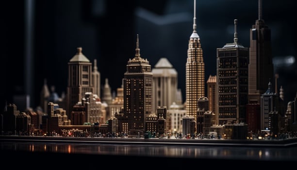 Modern city skyline glows bright at dusk, reflecting on water photo