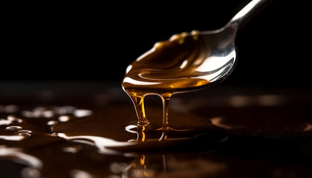 Sweet honey pouring from spoon onto fresh organic dessert photo