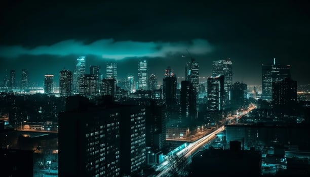 Modern city skyline illuminated by blue twilight, reflecting on water generated by AI photo
