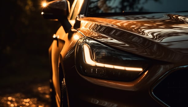 Sports car speeds through city streets, illuminated by headlights generated by AI photo