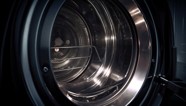 Shiny steel washer spinning, cleaning dirty laundry with modern technology generated by AI photo
