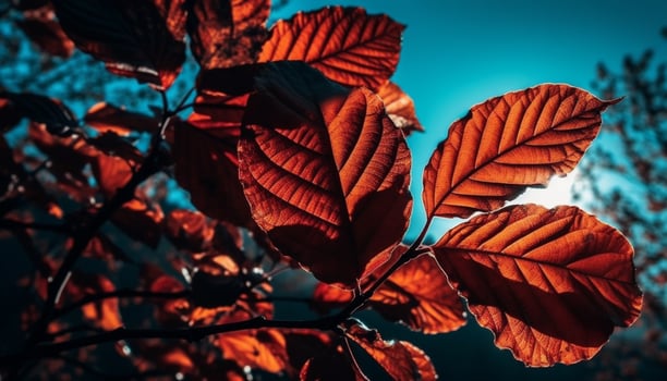 Vibrant maple branch displays multi colored leaf vein pattern in autumn generated by AI photo