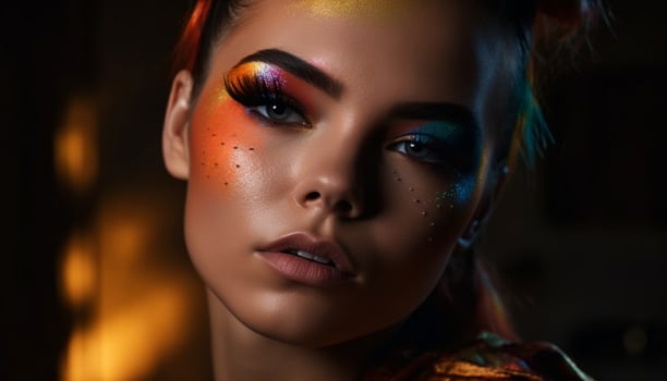 Beautiful young woman with shiny multi colored hair and glowing skin generated by AI photo