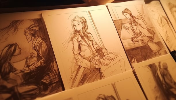 Young women sketching an elegant portrait of an old fashioned dress generated by AI photo