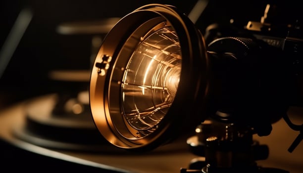Modern machinery spins steel wheel in old factory at night generated by AI photo