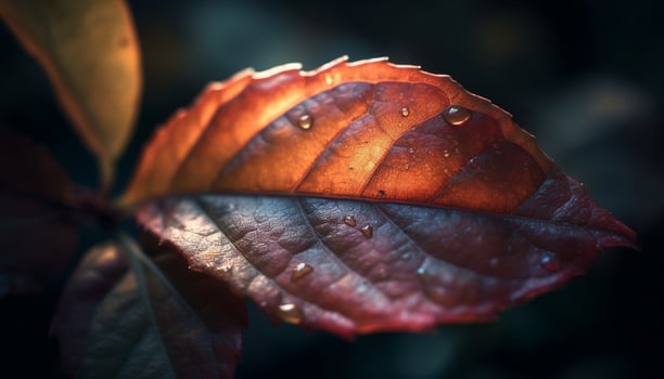 Vibrant autumn colors reflect in wet leaf veins, nature beauty generated by AI photo