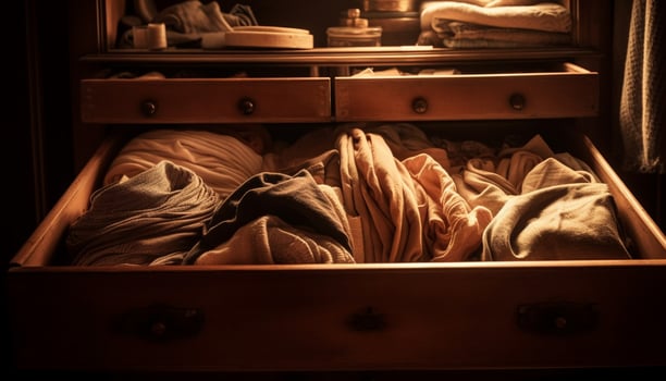 Comfortable bedding stack in rustic bedroom with antique furniture collection generated by AI photo