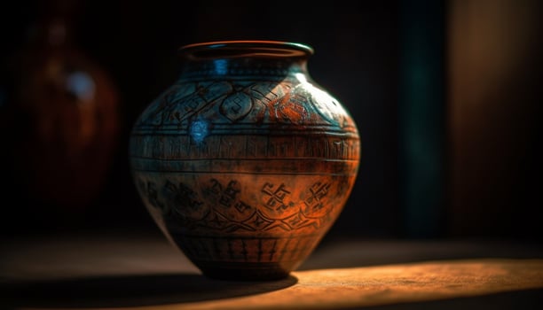 Antique terracotta vase, ornate pattern, rustic elegance, creative craft product generated by AI photo