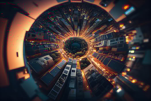 Nighttime cityscape reflects futuristic illuminated technology indoors , photo