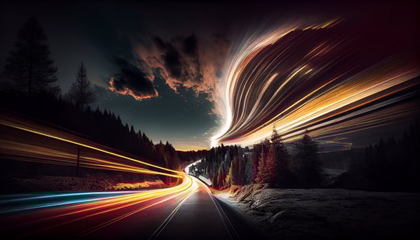 Night falls as car speeds through traffic , photo