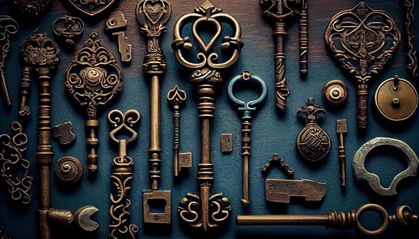 Antique key on ornate background elegant metal decoration , photo