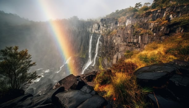 Tranquil scene Majestic mountain range, flowing water generated by AI photo