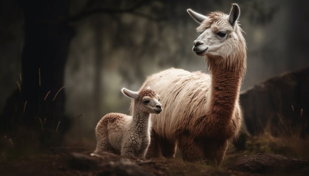 Fluffy alpaca grazing in green meadow generated by AI photo