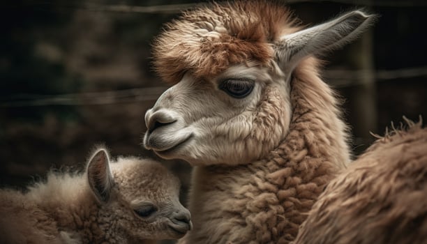 Fluffy alpaca grazes in rural meadow pasture generated by AI photo