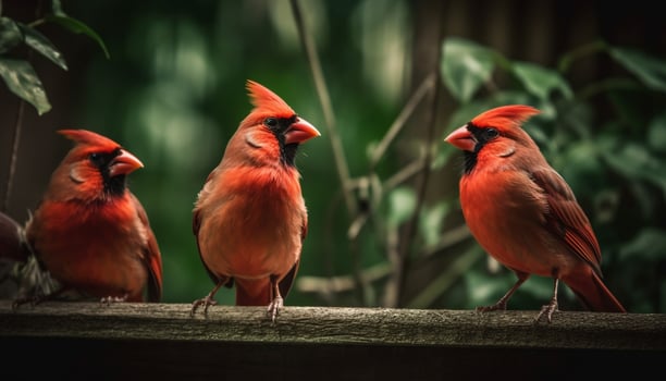 Northern cardinal perching on branch, vibrant feathers generated by AI photo