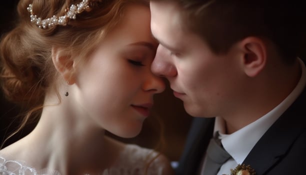 A beautiful bride and groom embrace love generated by AI photo