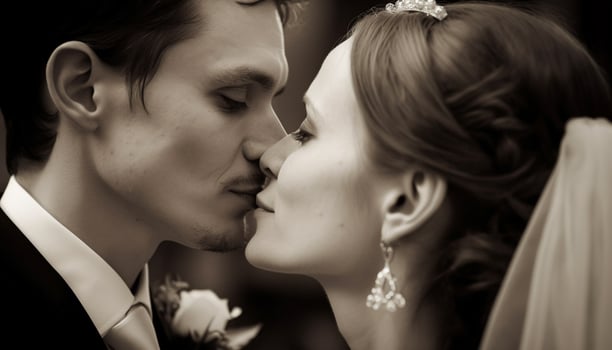 A beautiful bride and groom share love generated by AI photo