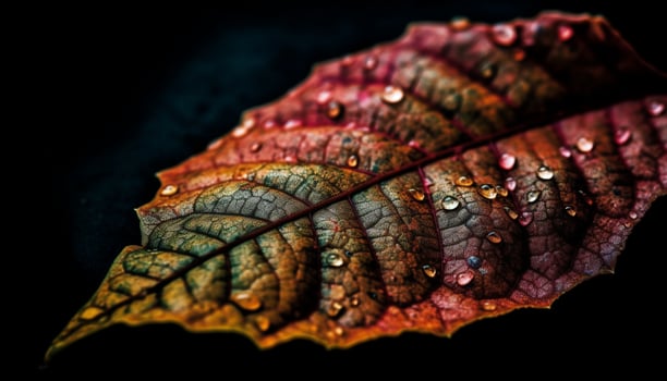 Autumn wet drops reflect vibrant leaf colors generated by AI photo