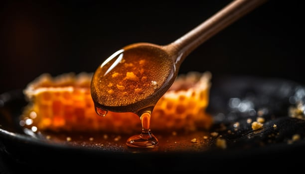 Golden honey pouring from spoon onto wood generated by AI photo