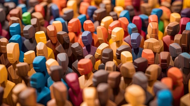a group of wooden people standing in row together photo