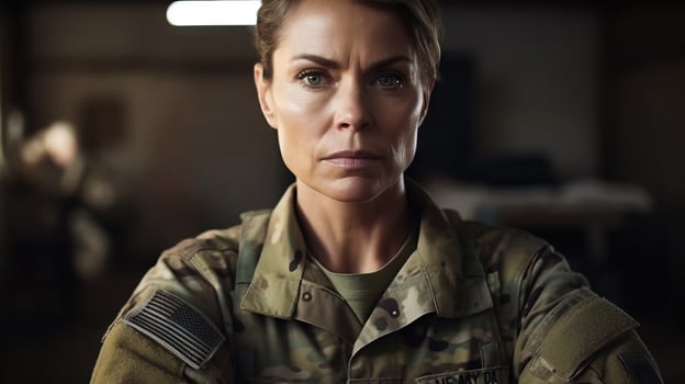 Portrait of serious female USA colonel soldier in military uniform looking at camera. . photo