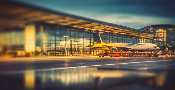Airport building, international terminal, rushing people to land, blurred background - image photo
