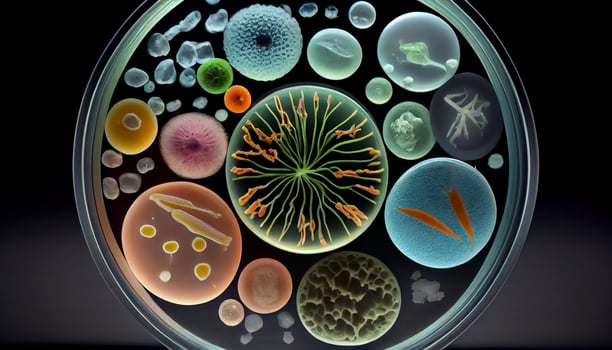 High magnification research reveals intricate organic molecular shapes generated by AI photo