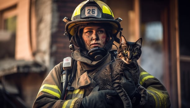 Heroes in uniform and gear fight flames generated by AI photo