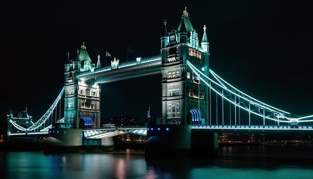 City street illuminated by iconic bridge at dusk generated by AI photo