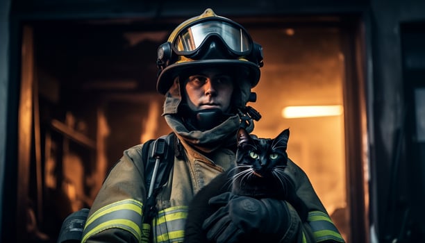 Heroes in protective workwear save burning animals generated by AI photo