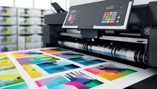 Modern printing press produces multi colored printouts accurately generated by AI photo