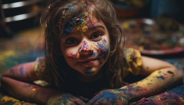 Cute girls enjoying messy finger painting fun indoors generated by AI photo